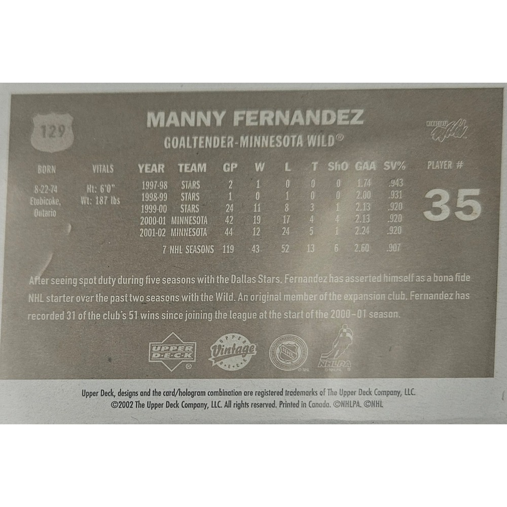 2002-03 Upper Deck Vintage Manny Fernandez #T29 Minnesota Wild Goalie NHL Card - Picture 2 of 6